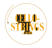 Logo for cello-strings.com showing the website name in bold, yellow and black text, surrounded by a thin, circular outline resembling a cello string.