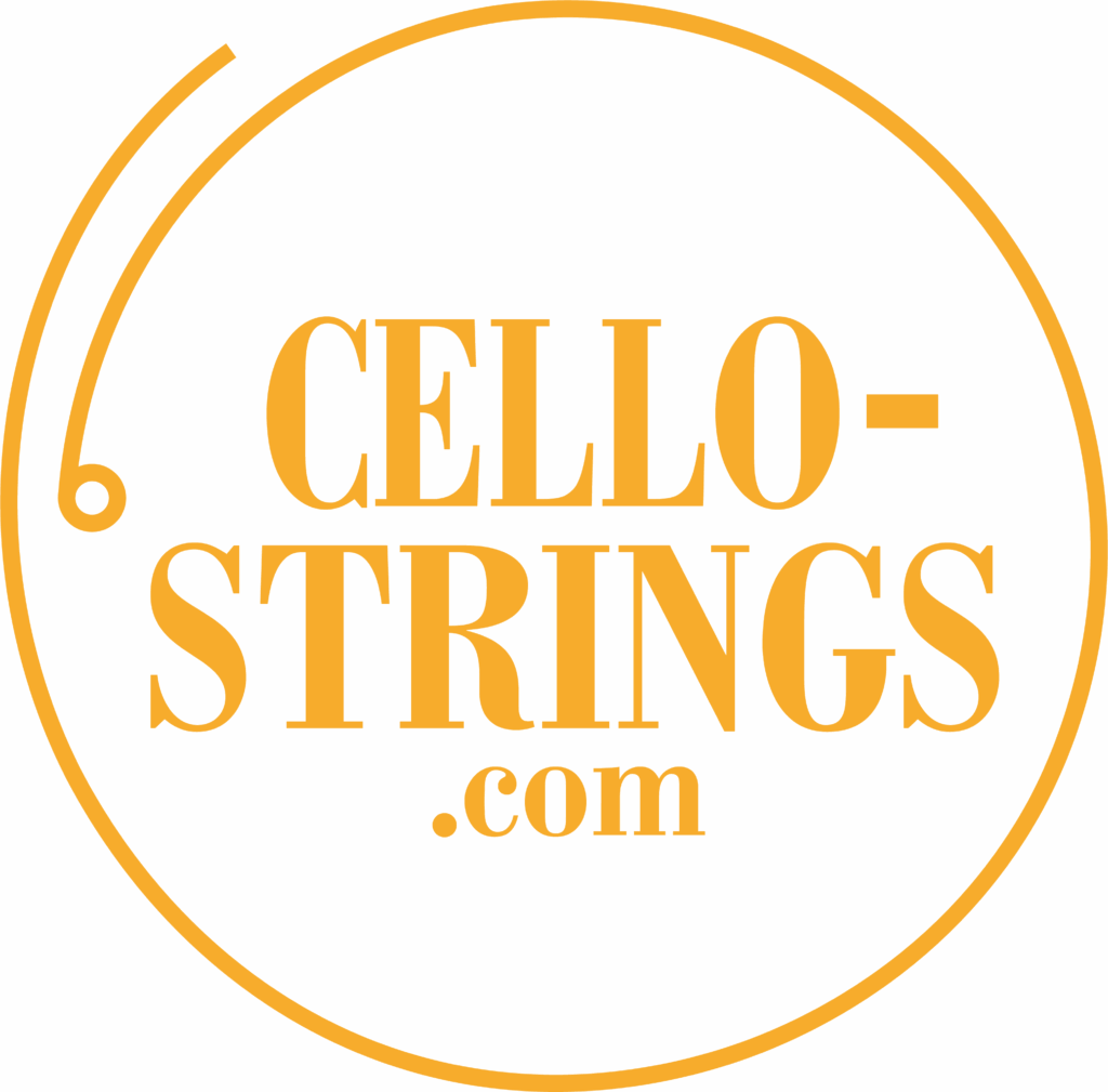 A yellow circular logo with the text "CELLO-STRINGS.com" in bold orange letters. One end of the circle includes a small spiral detail, resembling a cello string.