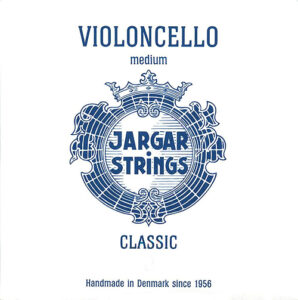 White square package featuring a blue ornate circular emblem with text reading "VIOLONCELLO medium JARGAR STRINGS CLASSIC." Text at the bottom says, "Handmade in Denmark since 1956.