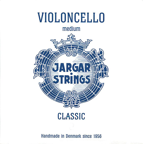 White square package featuring a blue ornate circular emblem with text reading "VIOLONCELLO medium JARGAR STRINGS CLASSIC." Text at the bottom says, "Handmade in Denmark since 1956.