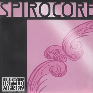 Square product packaging for Thomastik-Infeld Spirocore strings, featuring a pink background with a decorative spiral design and bold black text at the top. The brand name and origin are in a white box at the bottom left.