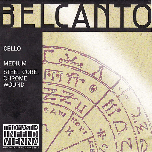 The image shows the packaging for Thomastik-Infeld Belcanto cello strings, labeled as "medium, steel core, chrome wound." The design includes a partial diagram with astrological symbols in the background.