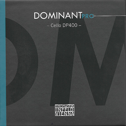 Square package with "DOMINANT PRO - Cello DP400 -" printed in white and light blue on a dark gray background, featuring a large, faint "DM" and the Thomastik-Infeld Vienna logo at the bottom.