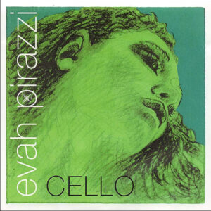 A green-tinted illustration of a person’s face looking upward fills the background. The text “evah pirazzi” appears vertically on the left, and the word “CELLO” is at the bottom in capital letters.