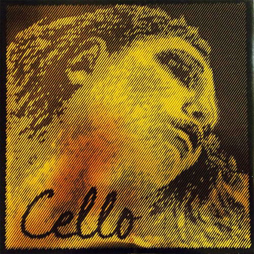 A stylized, yellow-tinted illustration of a classical statue's face looking upward, in profile, with the word "Cello" written in cursive script at the bottom. The image features diagonal line shading.