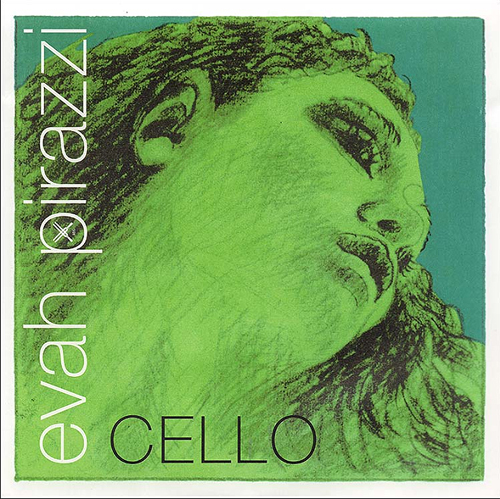 A green-tinted illustration of a person’s face looking upward fills the background. The text “evah pirazzi” appears vertically on the left, and the word “CELLO” is at the bottom in capital letters.