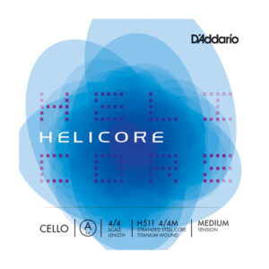 Front cover of D'Addario Helicore cello string packaging, featuring a blue abstract design, the Helicore brand name in large font, and product details including 4/4 scale, H511, medium tension, and titanium wound.