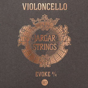 A product label with gold embossed text reading "VIOLONCELLO" at the top, "JARGAR STRINGS" in the center of a decorative crest, and "EVOKE 4/4 SET" at the bottom, on a dark background.