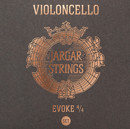 A product label with gold embossed text reading "VIOLONCELLO" at the top, "JARGAR STRINGS" in the center of a decorative crest, and "EVOKE 4/4 SET" at the bottom, on a dark background.