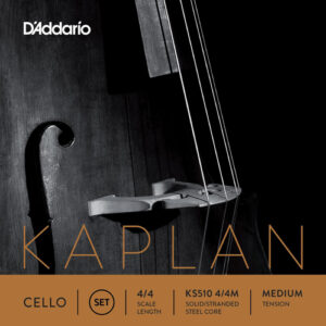 Close-up of a cello’s bridge and strings in black and white. The D’Addario logo is at the top left. The bottom section features the brand’s Kaplan cello string set details in orange and gray text.
