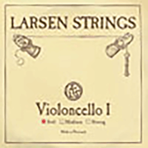 Close-up of a Larsen Strings package for Violoncello I strings. The package shows options for "Soft," "Medium," and "Strong," with "Medium" checked. There are musical symbols and text on a beige background.