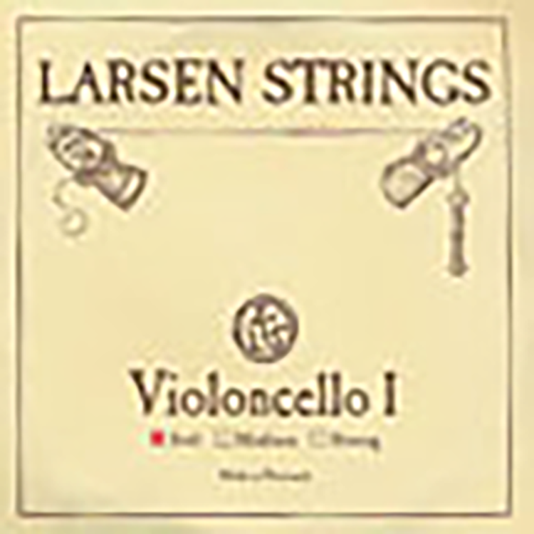 Close-up of a Larsen Strings package for Violoncello I strings. The package shows options for "Soft," "Medium," and "Strong," with "Medium" checked. There are musical symbols and text on a beige background.