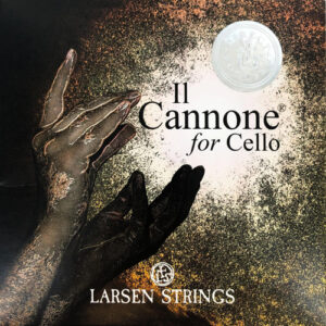 A close-up image of two hands reaching upward on a dark, textured background. The text reads "Il Cannone for Cello" with a silver seal above and "Larsen Strings" at the bottom.