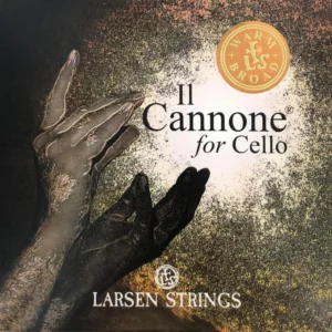 Two illustrated hands reach upward on a textured background. The text reads "Il Cannone for Cello," "Larsen Strings," and features a gold seal labeled "Warm & Broad" with the Larsen Strings logo.