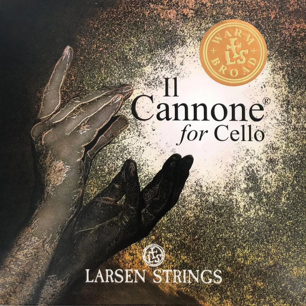 Two illustrated hands reach upward on a textured background. The text reads "Il Cannone for Cello," "Larsen Strings," and features a gold seal labeled "Warm & Broad" with the Larsen Strings logo.