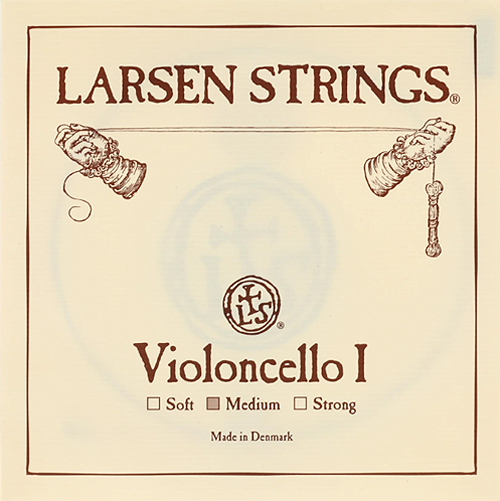 Square label for Larsen Strings Violoncello I. Two illustrated hands hold a string at the top. Text indicates options for Soft, Medium, and Strong. The logo and “Made in Denmark” are at the bottom.