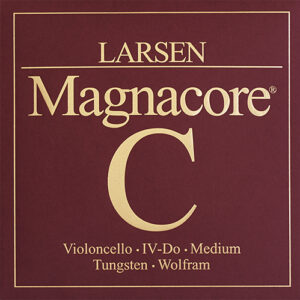 Square package with a maroon background and gold text that reads: “LARSEN Magnacore C. Violoncello IV-Do Medium Tungsten Wolfram.”.