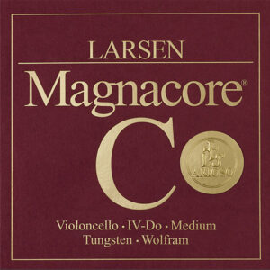 A maroon and gold package labeled "Larsen Magnacore C" for cello strings. Also states "Arioso," "Violoncello IV-Do Medium," and "Tungsten Wolfram" in gold text on a maroon background.