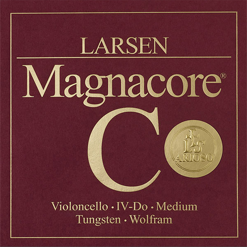 A maroon and gold package labeled "Larsen Magnacore C" for cello strings. Also states "Arioso," "Violoncello IV-Do Medium," and "Tungsten Wolfram" in gold text on a maroon background.