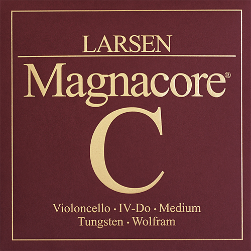 Square package with a maroon background and gold text that reads: “LARSEN Magnacore C. Violoncello IV-Do Medium Tungsten Wolfram.”.