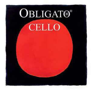 A square image with a black background, a large red circle in the center, and the words “OBLIGATO CELLO” in white capital letters above the circle.