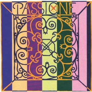 A square design featuring the word "PASSIONE" at the top, ornate black ironwork in the center, and vertical stripes in purple, orange, pink, yellow, and green. A red "X" mark appears in the letter "O.