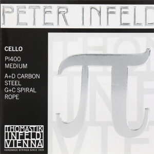The image shows packaging for Peter Infeld cello strings by Thomastik-Infeld Vienna. It lists PI400 Medium, A+D carbon steel, G+C spiral rope, and features a large silver pi symbol.