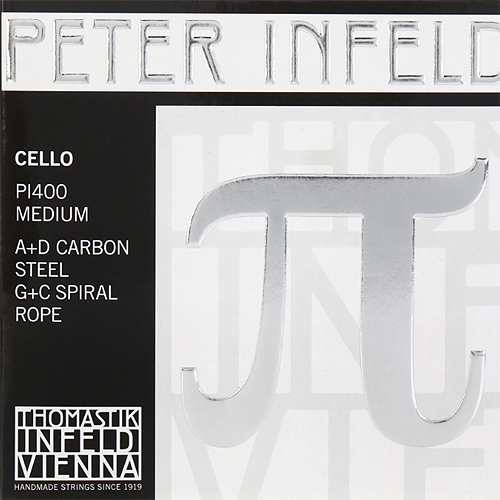 The image shows packaging for Peter Infeld cello strings by Thomastik-Infeld Vienna. It lists PI400 Medium, A+D carbon steel, G+C spiral rope, and features a large silver pi symbol.