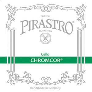 Pirastro Chromcor cello string packaging featuring ornate silver designs, a green horizontal stripe, and text indicating "Cello Chromcor," "Handmade in Germany," and "Seit 1798.