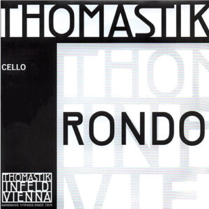 Square product packaging for Thomastik-Infeld Vienna "Rondo" cello strings, featuring bold black and white geometric text design. The words "CELLO" and "HANDMADE STRINGS SINCE 1919" are also visible.