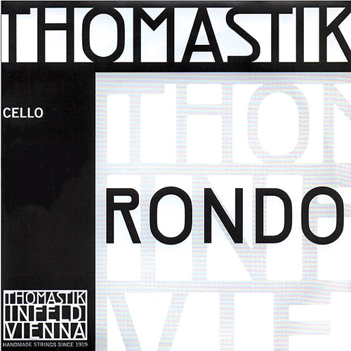Square product packaging for Thomastik-Infeld Vienna "Rondo" cello strings, featuring bold black and white geometric text design. The words "CELLO" and "HANDMADE STRINGS SINCE 1919" are also visible.