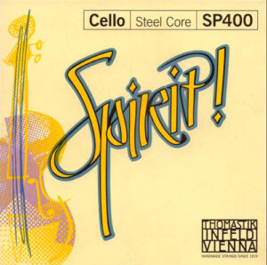 A product label for Thomastik-Infeld Vienna Spirit! SP400 cello steel core strings, featuring stylized yellow and blue text and an abstract illustration of a cello on a light yellow background.