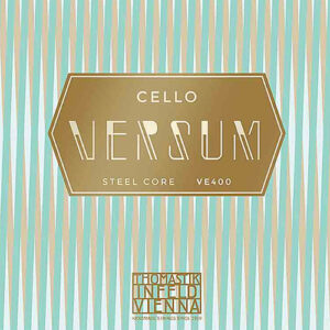 A product label featuring gold and white geometric text reading “Cello Versum Steel Core VE400” with “Thomastik Infeld Vienna” at the bottom, set against a background of vertical blue and gold stripes.