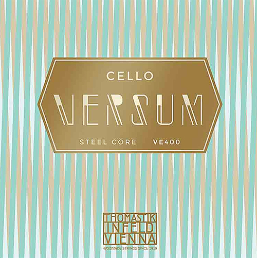 A product label featuring gold and white geometric text reading “Cello Versum Steel Core VE400” with “Thomastik Infeld Vienna” at the bottom, set against a background of vertical blue and gold stripes.