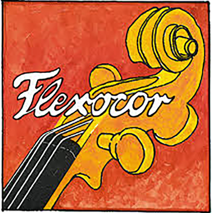 Illustration of a violin scroll on a red background with "Pirastro Flexocor Deluxe Set" written in white script across the top of the scroll.