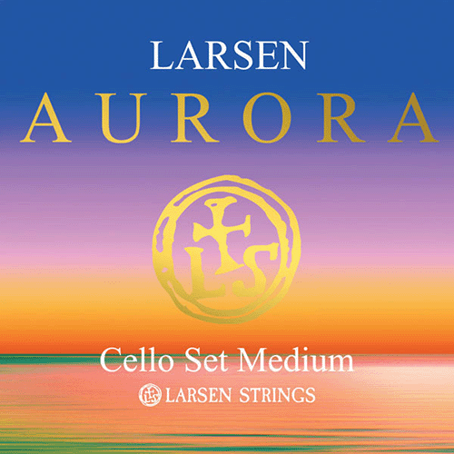 A colorful gradient background with "Larsen Aurora" in large gold letters, a gold circular logo, and the text "Cello Set Medium" and "Larsen Strings" in white below.