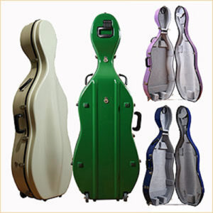Four Bobelock #2000 cello cases with wheels in white, green, purple, and blue are shown open and closed, displaying their padded interiors with straps for securing a cello.