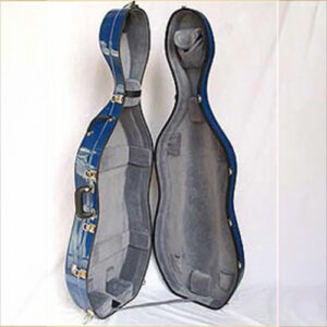 The Bobelock #2000 with wheels cello case stands upright against a white background, open to reveal its padded gray interior and blue exterior. It features metal clasps and a handle for secure transport.