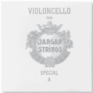 A white package with gray text and a decorative emblem. The text reads "VIOLONCELLO forte," "JARGAR STRINGS," and "SPECIAL A." The emblem surrounds the brand name in the center.