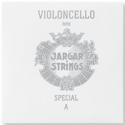 A white package with gray text and a decorative emblem. The text reads "VIOLONCELLO forte," "JARGAR STRINGS," and "SPECIAL A." The emblem surrounds the brand name in the center.