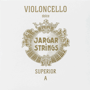 A white package with gold text and an ornate circular emblem, displaying "Jargar Strings," "Violoncello," "Superior A," "Dolce," and labeled as the Jargar Superior Set.