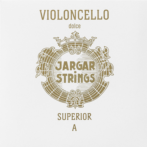 A white package with gold text and an ornate circular emblem, displaying "Jargar Strings," "Violoncello," "Superior A," "Dolce," and labeled as the Jargar Superior Set.