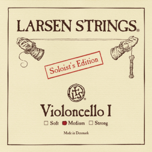 Square label for Larsen Strings Soloist's Edition Cello I string, showing two detailed illustrated hands holding string ends. Text indicates "Soft," "Medium," or "Strong" tensions. "Made in Denmark" is written at the bottom.