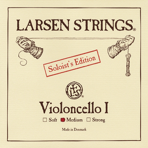 Square label for Larsen Strings Soloist's Edition Cello I string, showing two detailed illustrated hands holding string ends. Text indicates "Soft," "Medium," or "Strong" tensions. "Made in Denmark" is written at the bottom.