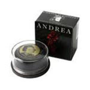 Andrea Solo Cello Rosin is shown in a round plastic case beside a black box labeled "ANDREA," featuring a red rose image and white text at the top.