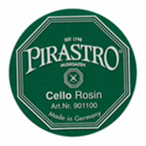 Green octagonal label for Leatherwood Bespoke Cello Rosin, featuring white text: “LEATHERWOOD”, “Cello Rosin”, product details, “Made in Germany”, and “Seit 1798 MUSIKSAITEN”.