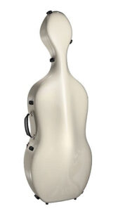 A closed, hard-shell cello case in an off-white color is standing upright against a plain white background. The case has a handle on the side and several black latches around its edge.