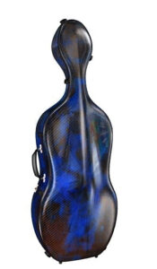 A hard-shell cello case with a glossy, carbon fiber finish featuring a blue and black marbled pattern. The case has handles and metal latches on the sides.