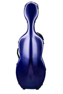 A blue, hard-shell cello case with a textured surface is shown standing upright. The case has a contoured shape to fit a cello and features black handles on its sides.
