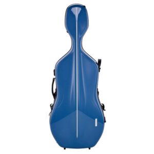 A hard-shell blue cello case with black handles and latches is shown standing upright against a white background.